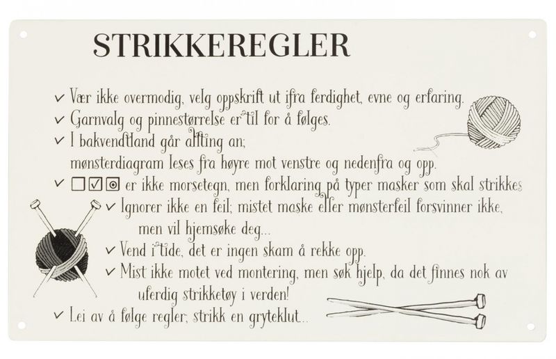 Metallskilt Strikkeregler hvit 27x16cm
